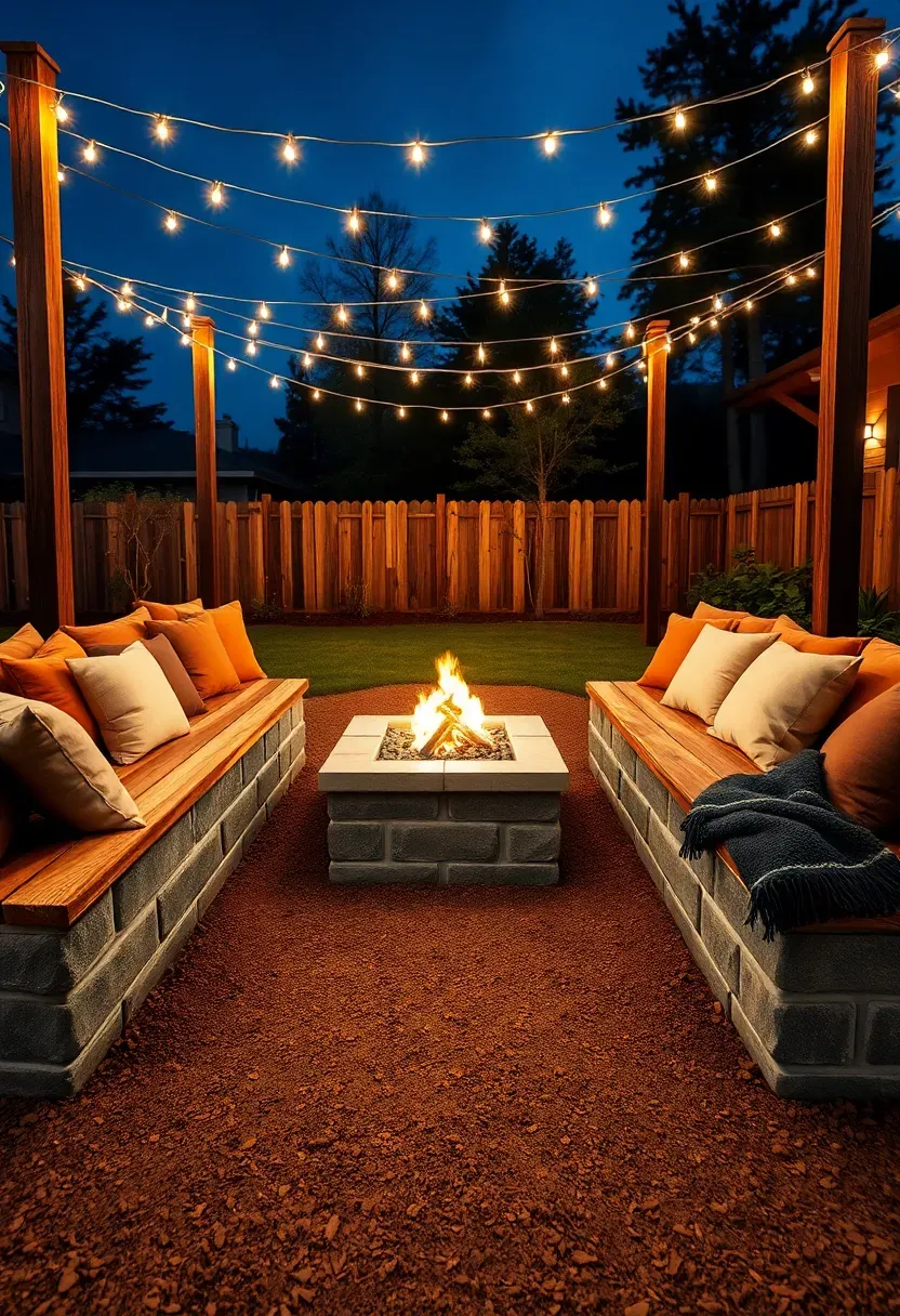 A fire pit lounge area with built-in concrete block benches, string lights overhead, and outdoor throw pillows