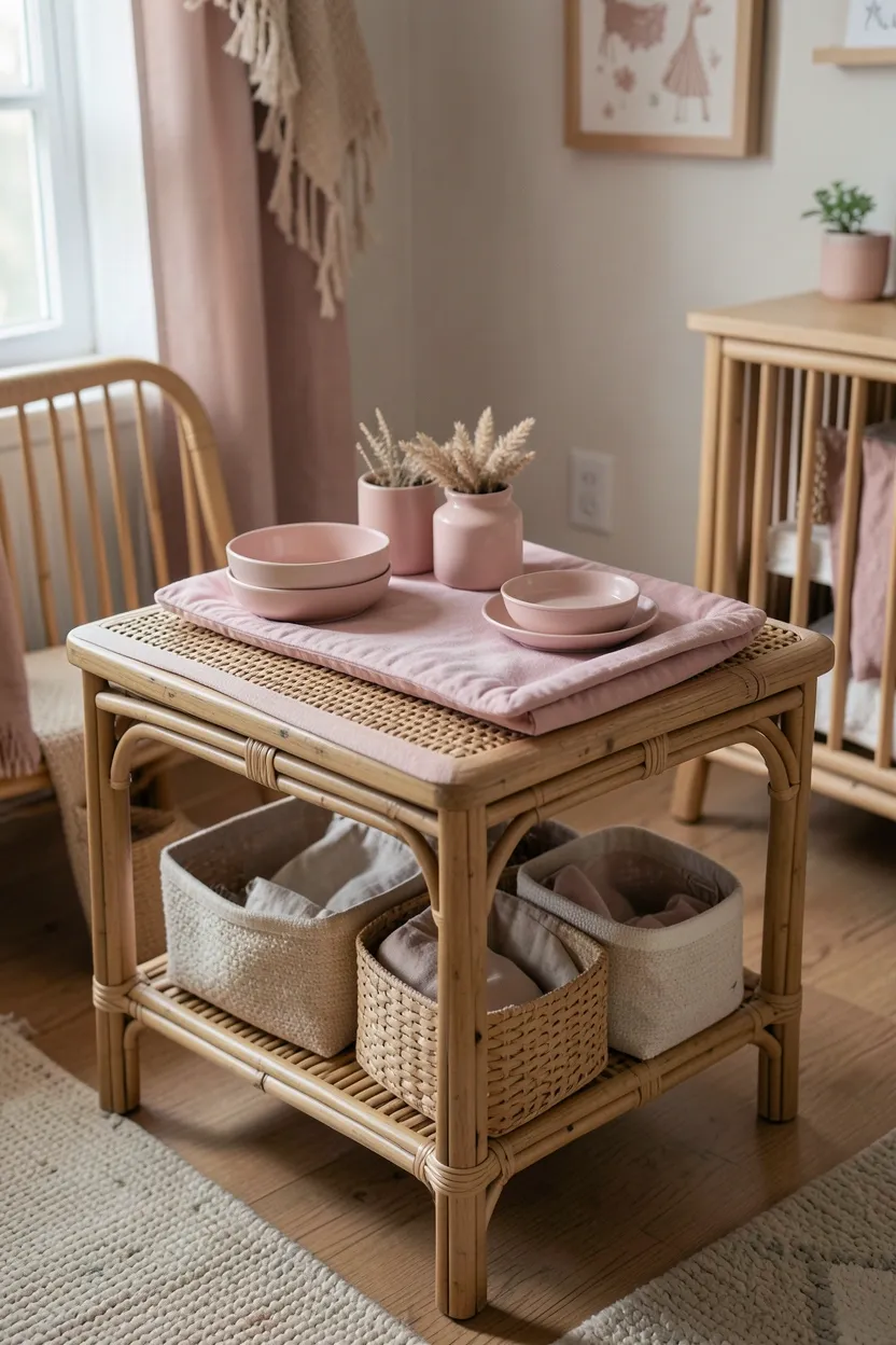 Natural rattan changing table with blush pink pad cover and woven baskets in pink boho baby room