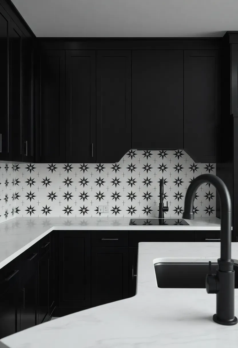 black and white geometric cement tile backsplash in kitchen with dark matte black cabinets and white quartz countertops