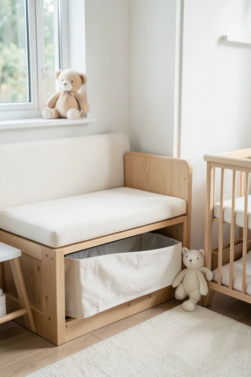 Ultra-minimalist nursery corner with just a clean-lined bassinet and single floating shelf holding diapers and a small lamp