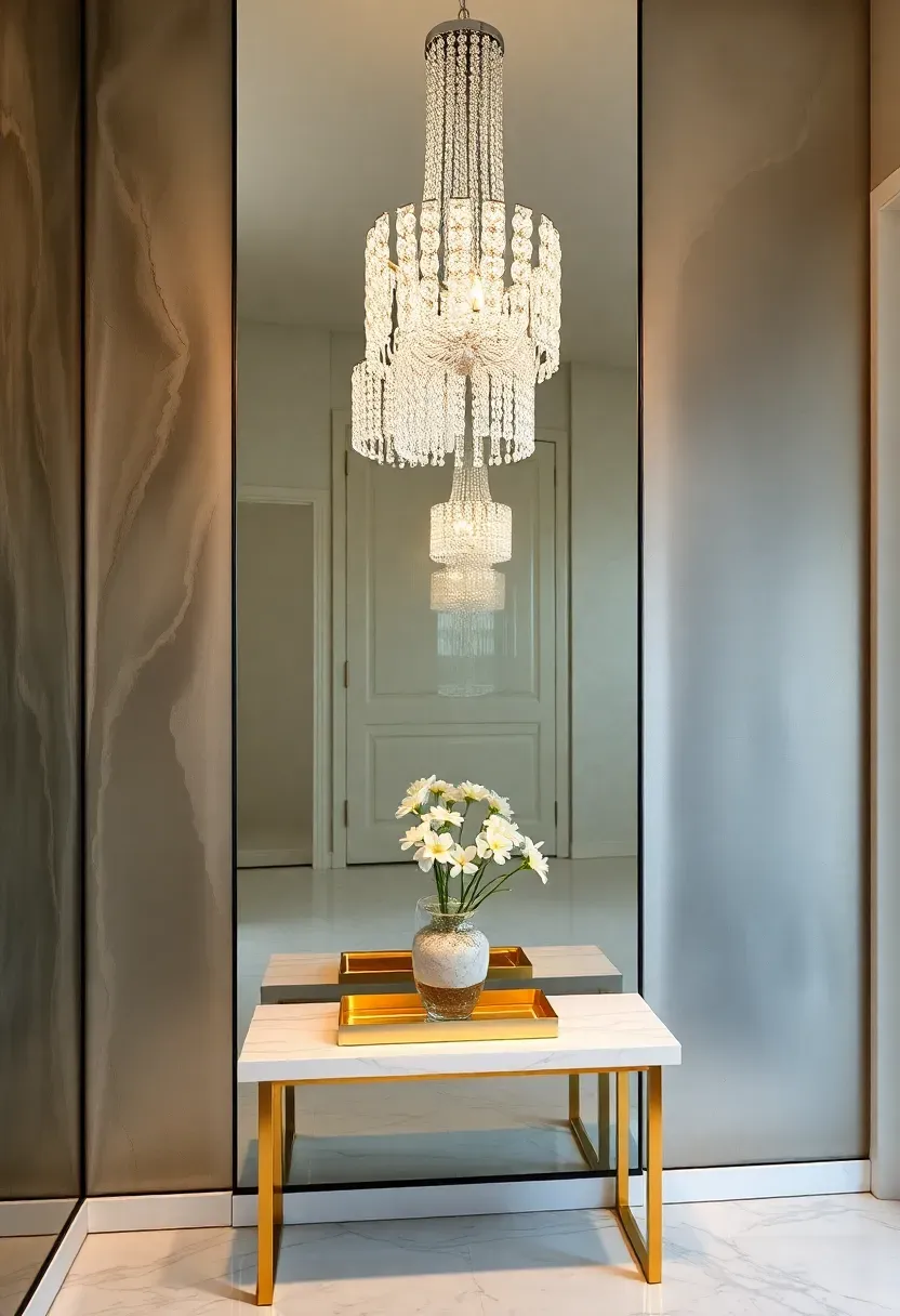 Glamorous entryway with a large antiqued mirror wall, crystal pendant chandelier, marble console table, and metallic gold accents