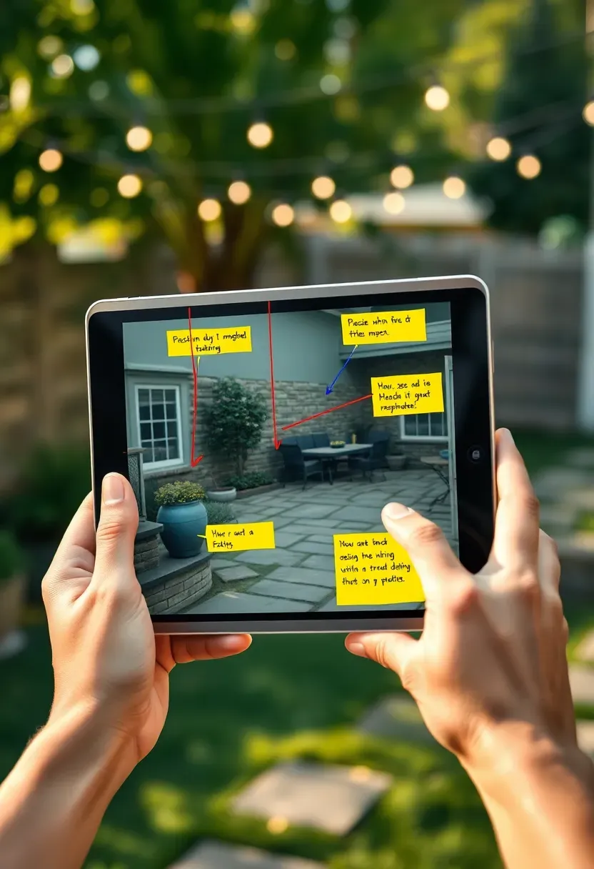 Houzz app sketch feature on a tablet with annotations and measurements drawn over a photo of a backyard entertaining area