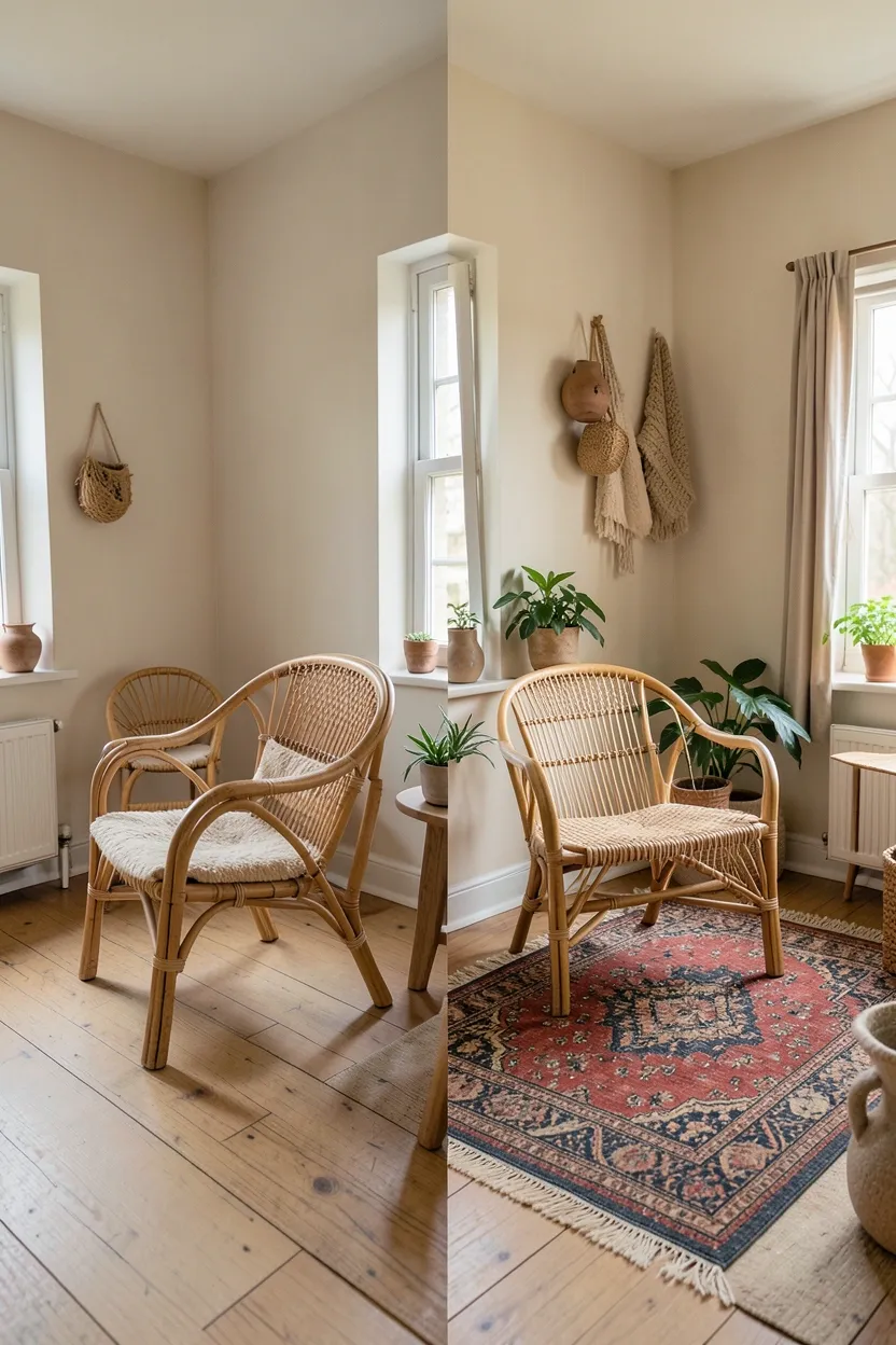 Gradual bohemian transformation of a rental room: vintage rattan chair added beside layered Persian rug, small potted plants, and handmade ceramic pieces showing how renters can build a boho aesthetic one intentional piece at a time