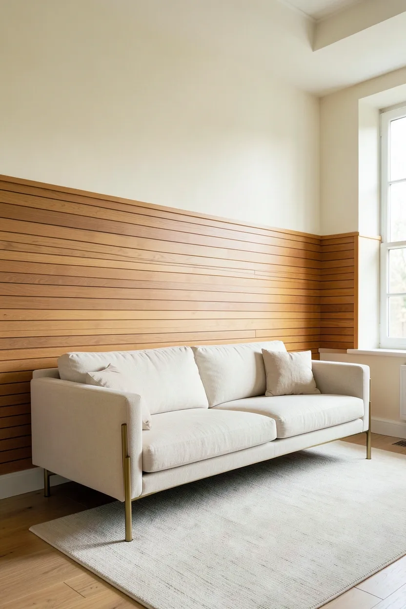 Warm honey-tone vertical wood panel accent wall behind a minimalist sofa and modern decor in a rental living room