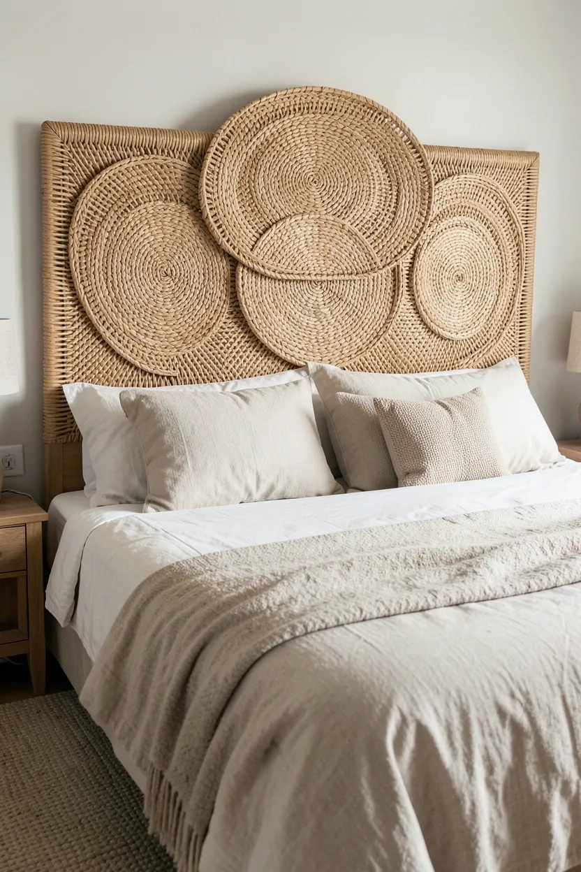 Large statement rattan woven headboard in natural fiber behind a bed with cream linen pillows in a scandinavian farmhouse bedroom