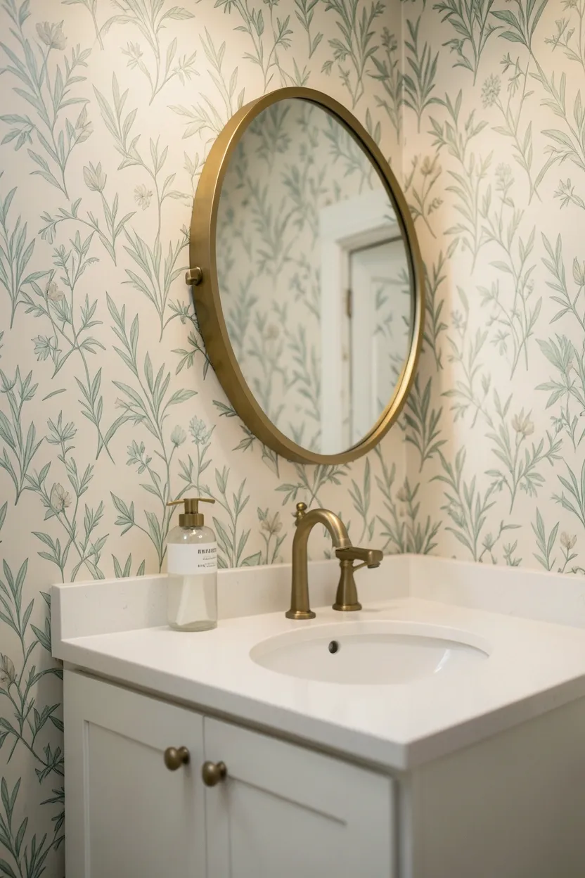 Botanical peel-and-stick wallpaper on the wall behind a bathroom vanity, renter-friendly accent that removes cleanly without wall damage