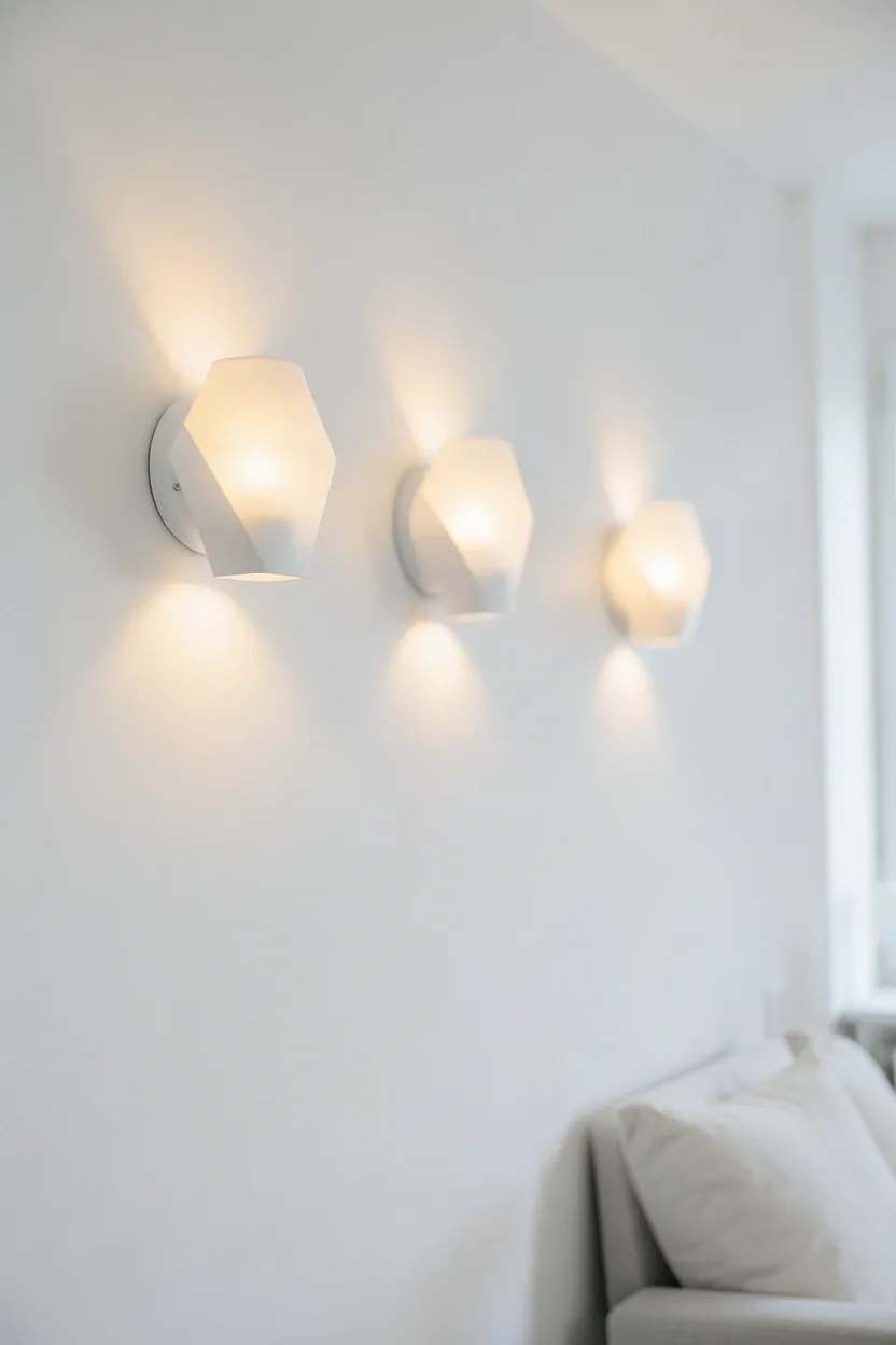 Pair of matte brass wall sconces casting warm ambient light on a white wall in a minimalist apartment living room