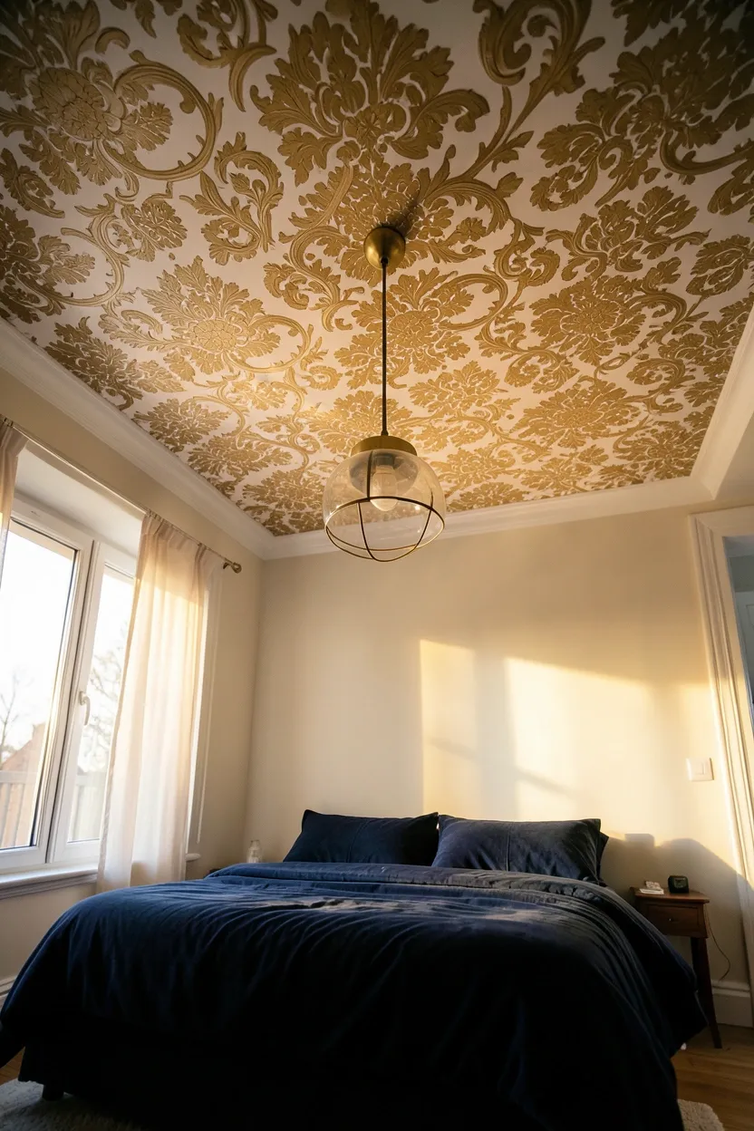 Hyper-realistic slightly elevated perspective photograph of a maximalist bedroom ceiling with bold damask-patterned wallpaper in gold and cream tones, showing the bed and surrounding room context below. Materials: damask wallpaper, cream walls, velvet navy duvet, brass light fixture hanging from ceiling. Warm golden hour light streaming through windows, soft shadows creating depth, rich color palette. Coherent mood: dramatic and luxurious maximalist bedroom with unexpected ceiling treatment. Shallow depth of field, sharp details on ceiling pattern, balanced composition showing room context. No text, no logos, no watermarks.</p>