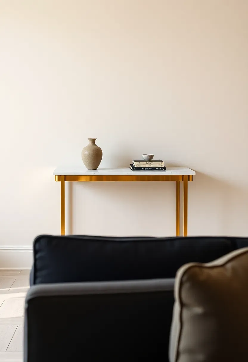 Hyper-realistic 3/4 view of elegant brass console table against focal wall. Materials: polished brass console with slender legs and clean rectangular top, white marble slab top, one ceramic vase, two art books stacked. Cream wall background, charcoal sofa visible in foreground, white oak floor. Warm light reflections on brass surface. Refined metallic elegance as room accent.</p>