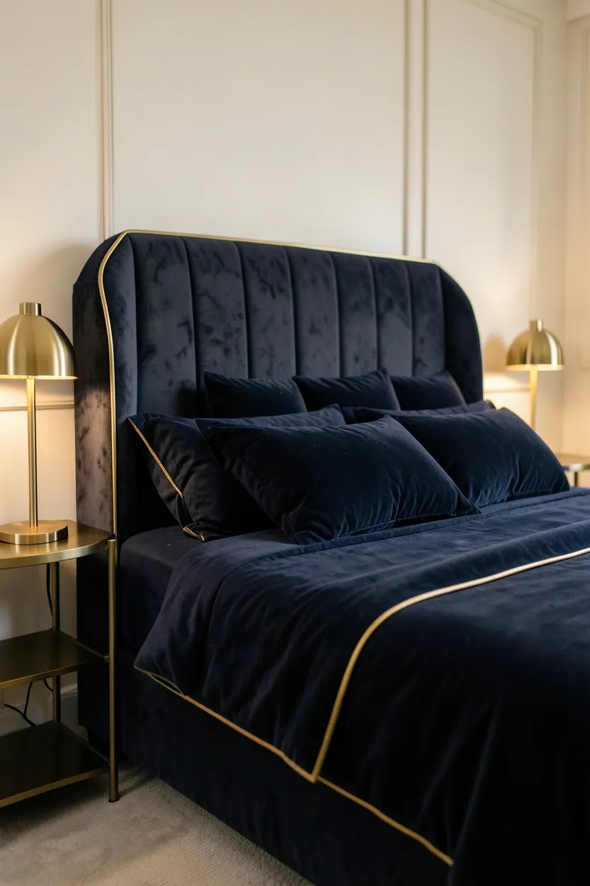 Deep navy velvet tufted headboard with gold piping trim in a modern luxury bedroom with white bedding