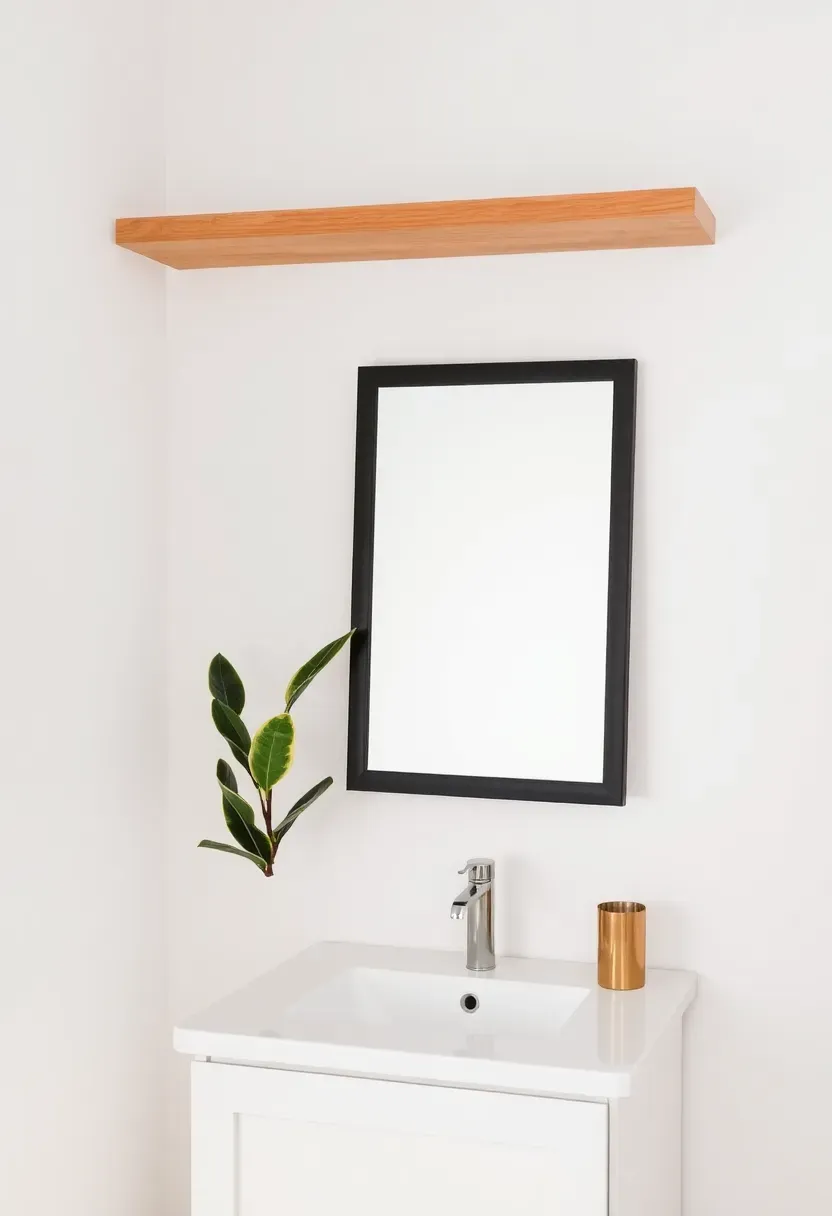 Long narrow floating shelf above a vanity with a leaning rectangular mirror, small potted snake plant, and ceramic soap dish styled on top