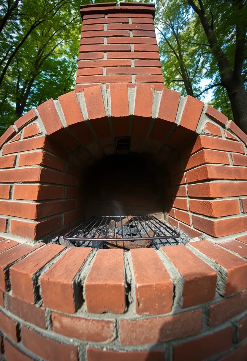 Traditional red brick BBQ pit with a tall chimney, steel grate, and arched firebox opening in a wooded backyard setting