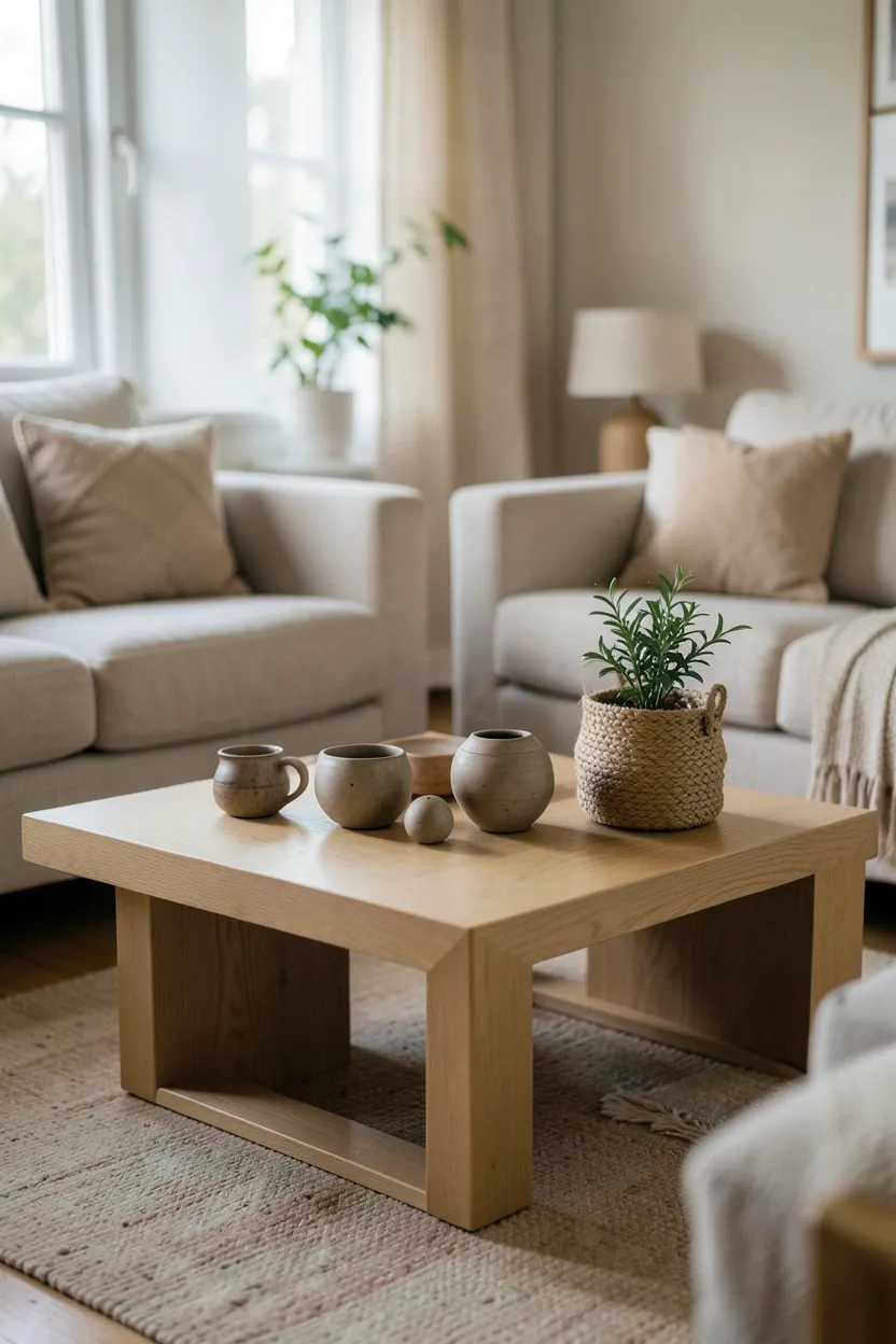 Low natural oak coffee table with curated ceramics, a small potted plant, and a linen tray on a jute rug in a boho Scandinavian living room