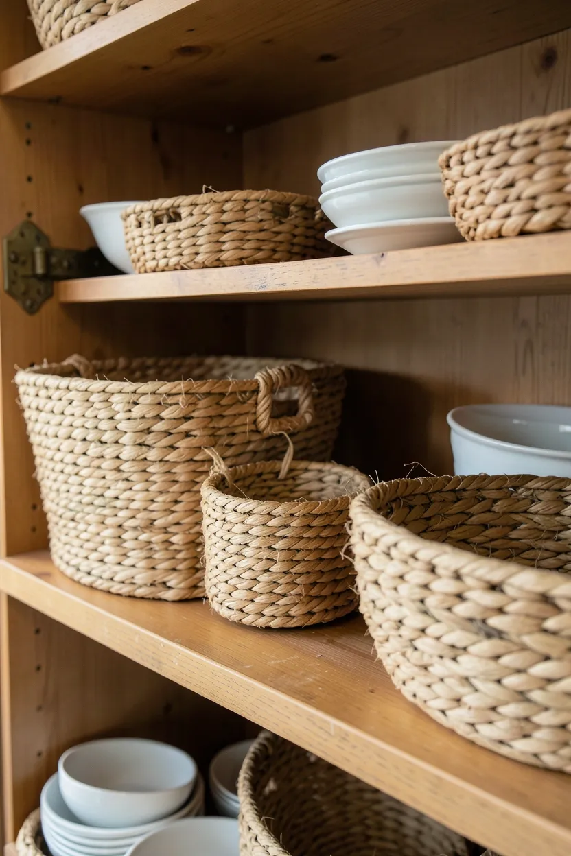 Assorted woven seagrass and rattan baskets on farmhouse kitchen open shelves organizing produce and pantry staples