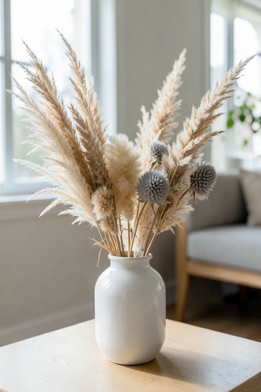 Dried pampas grass in a tall cylindrical white ceramic vase on a Japandi living room shelf adding subtle natural texture