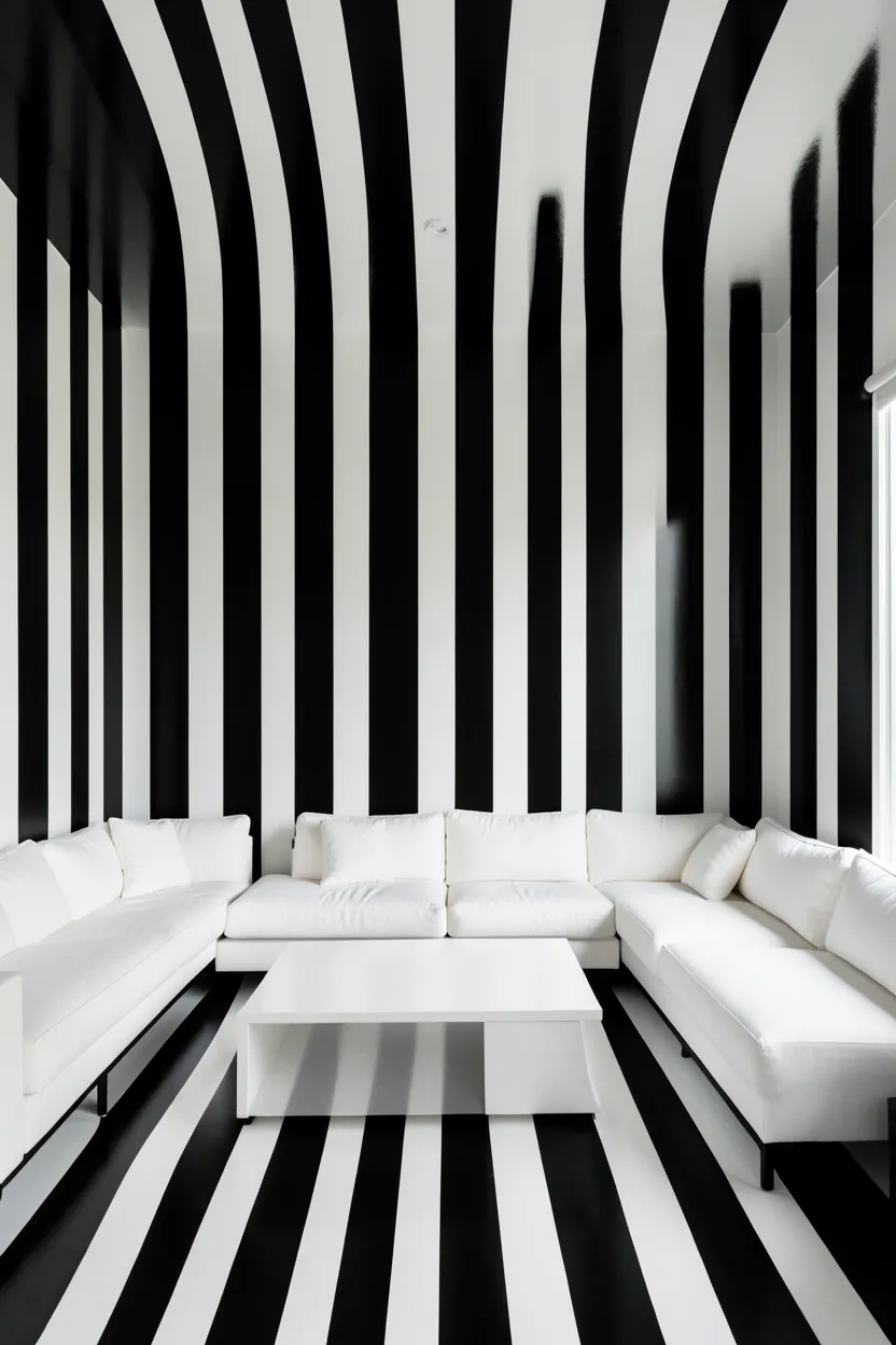 Bold vertical black and white stripe accent wall in a minimalist living room creating height illusion in a small rental apartment