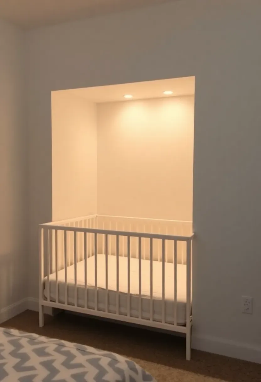 Crib installed inside a recessed wall niche in a master bedroom with LED strip lighting overhead and no floor space consumed