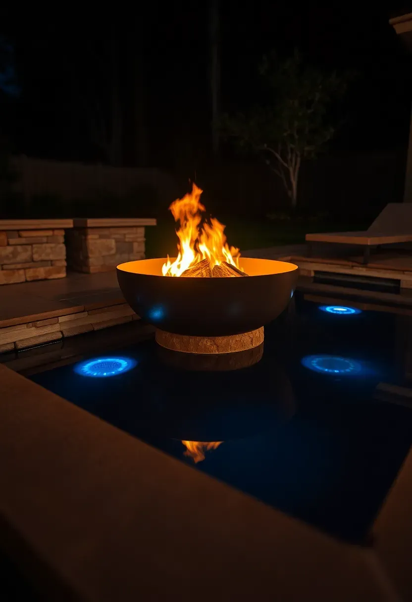 Backyard fire bowl reflected in a still water feature at night with underwater LED lighting and lounge chairs nearby