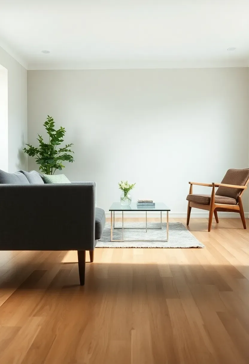Hyper-realistic view of minimalist living room featuring sofa, armchair, and coffee table all on exposed legs, visible floor space beneath all pieces, light oak floor continuous throughout. Materials: gray fabric sofa with dark wood legs, oak accent chair, glass coffee table with metal legs. Natural light, airy spacious mood. Furniture floating above floor, shallow depth of field, no text, no logos.</p>