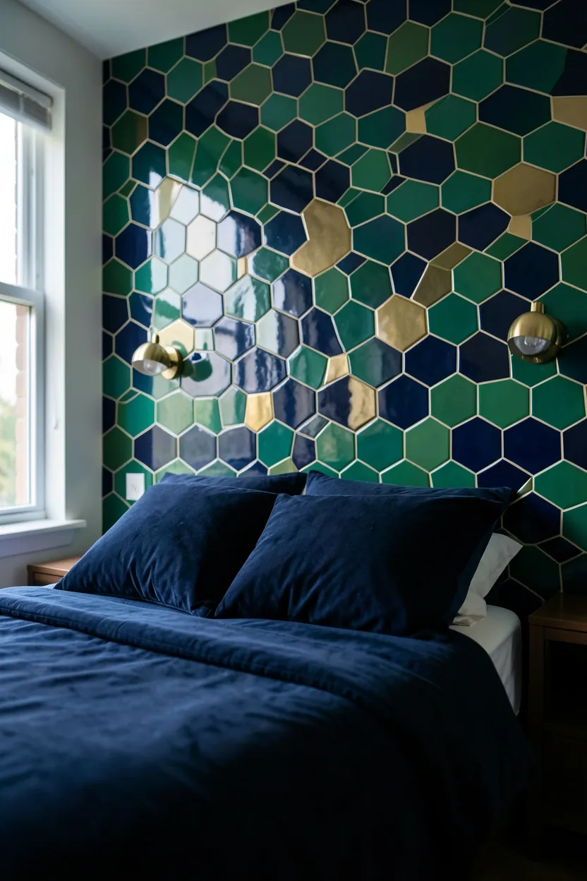 Hyper-realistic eye-level photograph of a maximalist bedroom accent wall behind the bed featuring geometric hexagonal tiles in emerald green, navy blue, and gold tones, creating a bold patterned surface. The tiles catch and reflect light from bedroom window. Materials: glossy ceramic hexagonal tiles in green, navy, and gold, velvet navy duvet on bed, brass wall sconces. Natural light from window creating reflections on glossy tiles and highlighting pattern. Coherent mood: dramatic and geometric maximalist bedroom with architectural tile feature. Shallow depth of field, sharp details on tile pattern and reflections, balanced composition showing bed and room context. No text, no logos, no watermarks.</p>