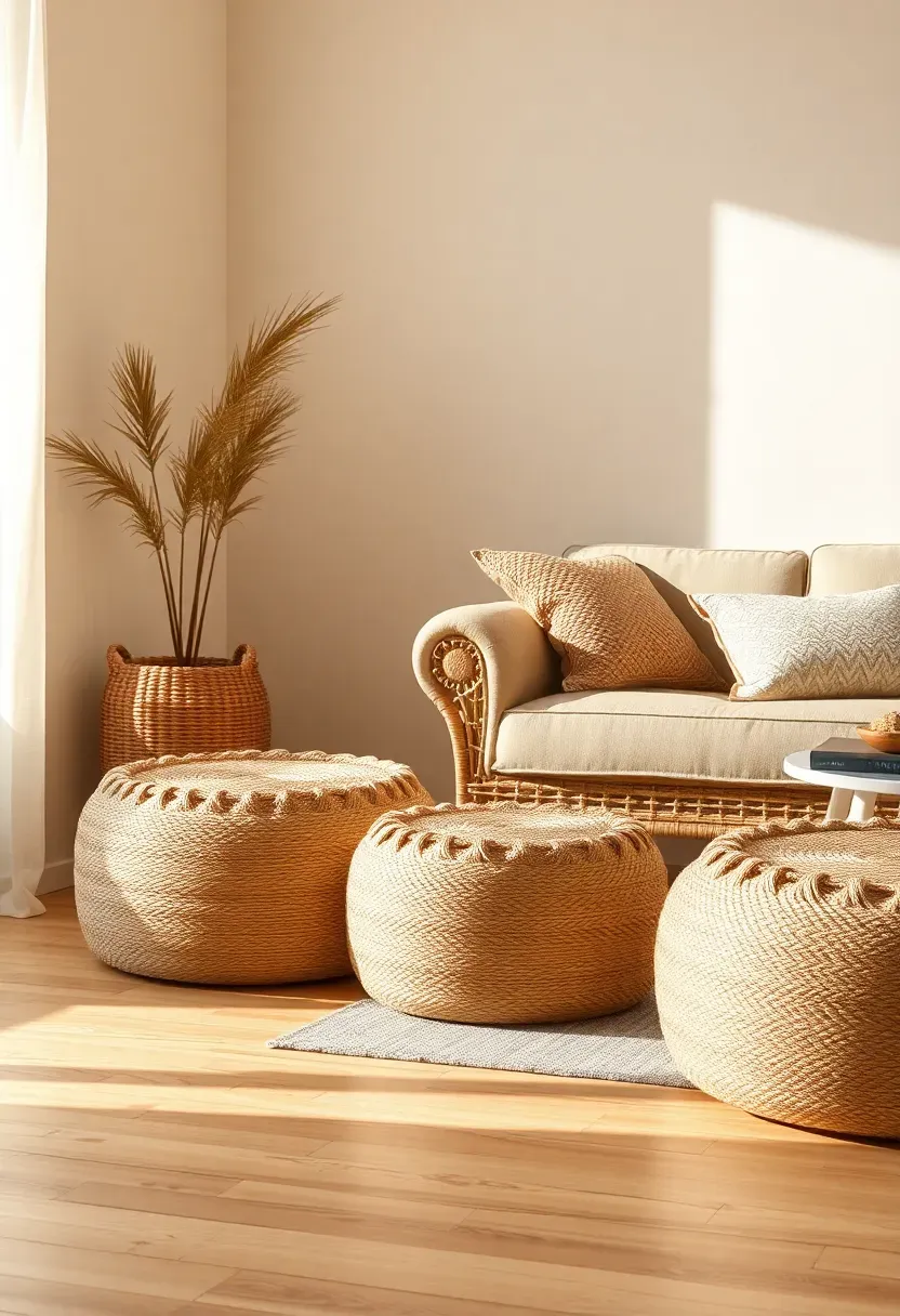 Woven jute poufs as decorative accents and extra seating in a small boho minimalist living room
