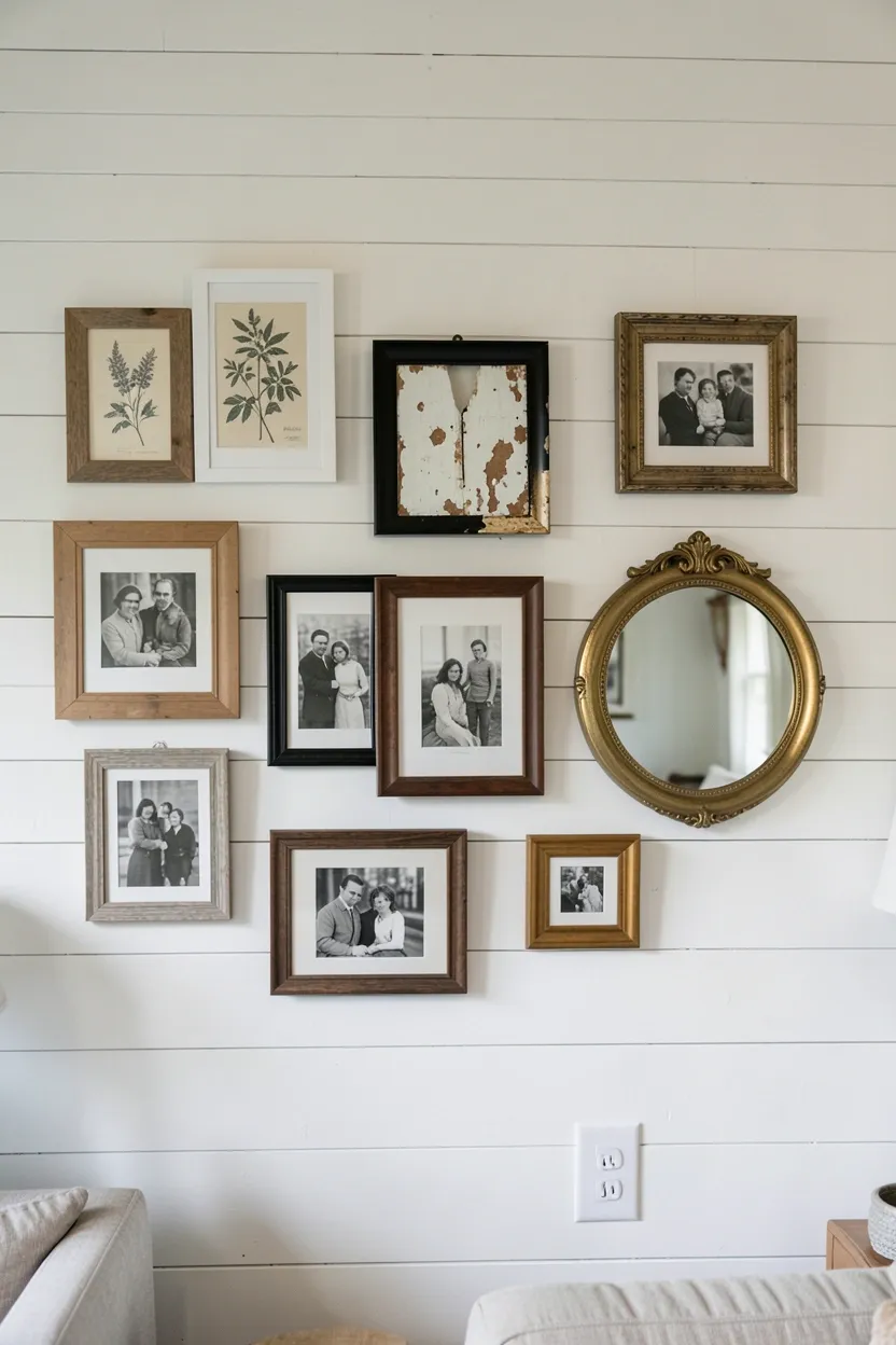 Farmhouse gallery wall with vintage botanical prints, family photos, and decorative mirrors in mixed wood frames