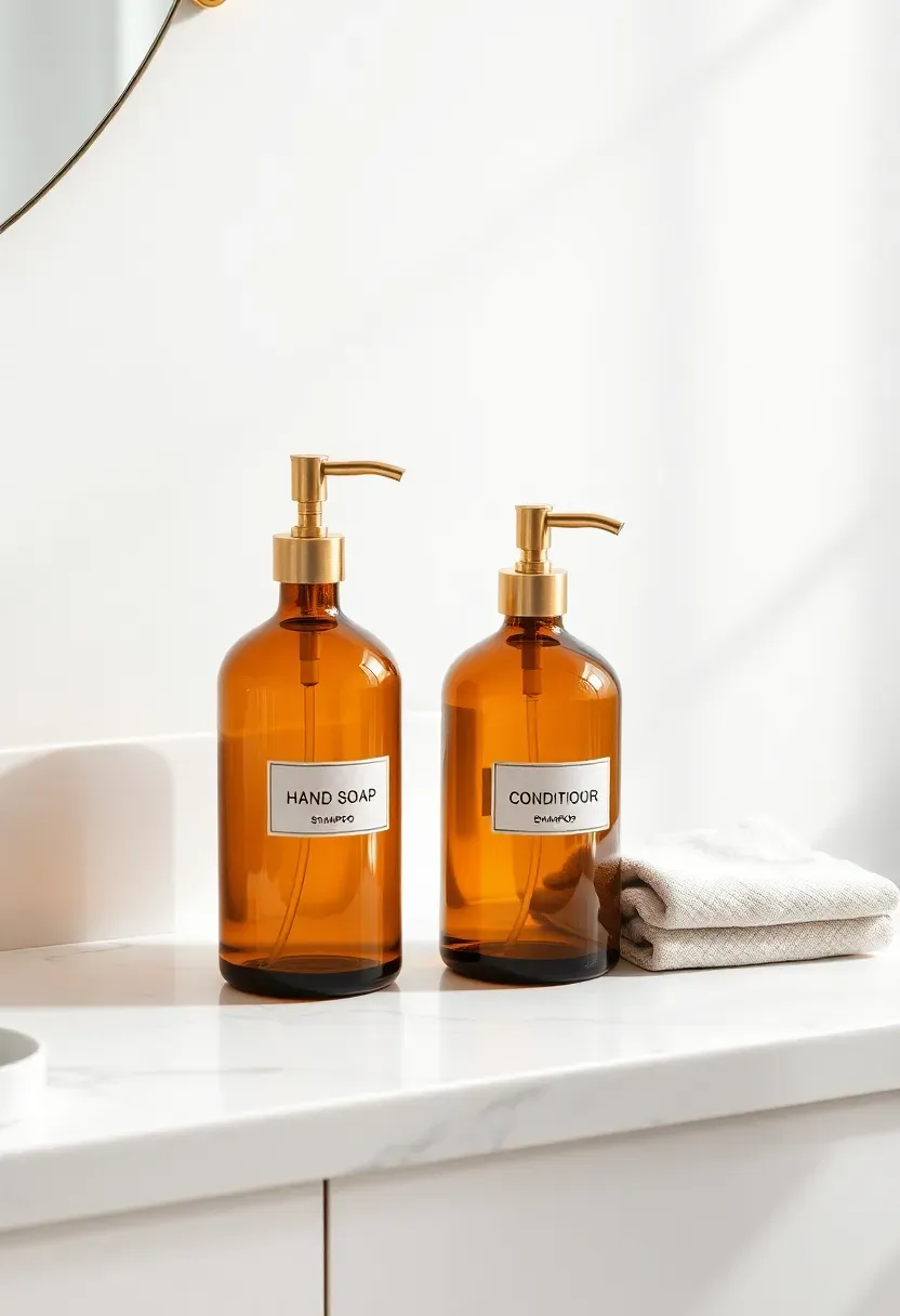 Three matching amber glass pump bottles on a bathroom counter labeled hand soap shampoo and conditioner with neutral linen towel