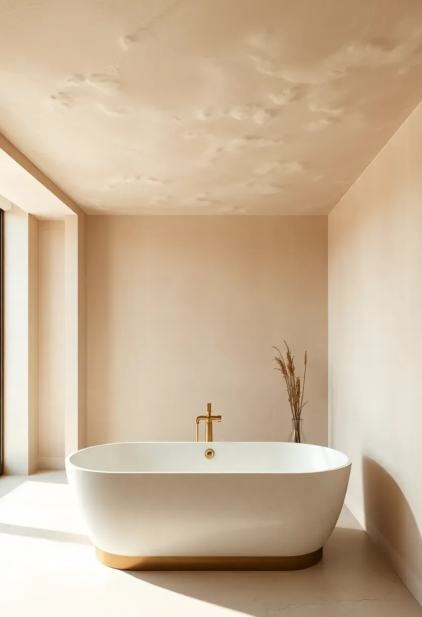 Venetian plaster ceiling with subtle sheen and cloud-like texture in warm ivory tones above a luxury bathroom