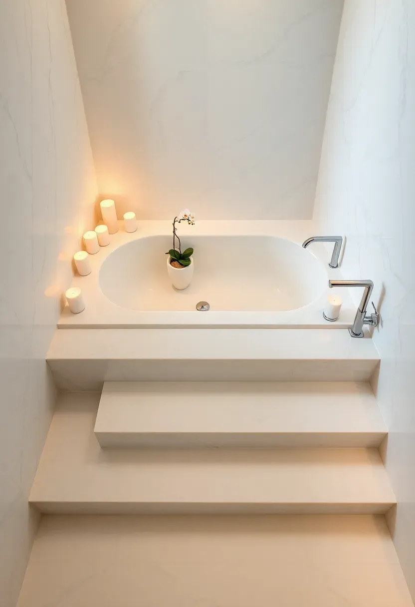 Luxurious sunken bathtub with steps leading down into spa-like recessed bath area