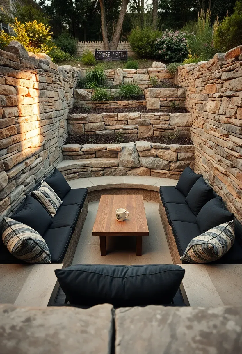 Sunken outdoor seating area built into a backyard slope with stone retaining walls, cushioned benches, and a low central table