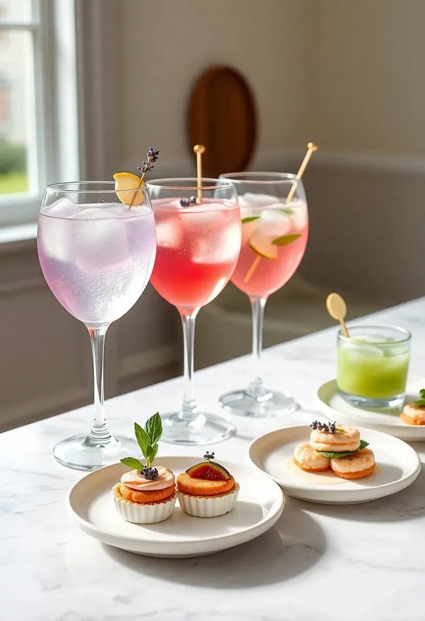 baby shower mocktail and appetizer pairing bar with three colorful mocktails in elegant glasses beside matched small appetizer plates on a marble counter with floral accents