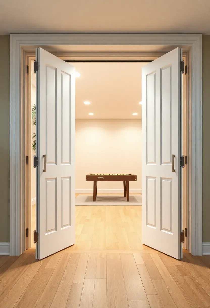 Wide bifold doors with four white panels folded open to reveal a bright finished basement recreation room