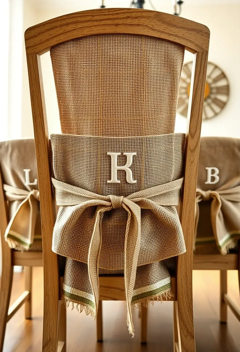 Dining chairs with natural burlap sashes tied in bows at the back, each featuring a monogrammed letter in white embroidery in a cottage dining room