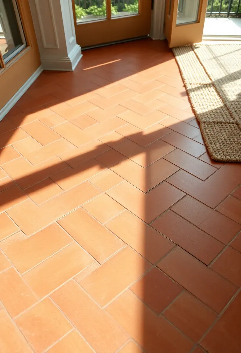 Herringbone-patterned terracotta indoor-outdoor tiles covering a sunroom floor with a woven sisal rug partially visible and bright natural light