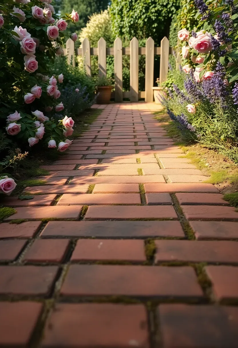 A brick walkway in herringbone pattern with aged red clay bricks and moss growing between joints leading through a cottage garden with roses