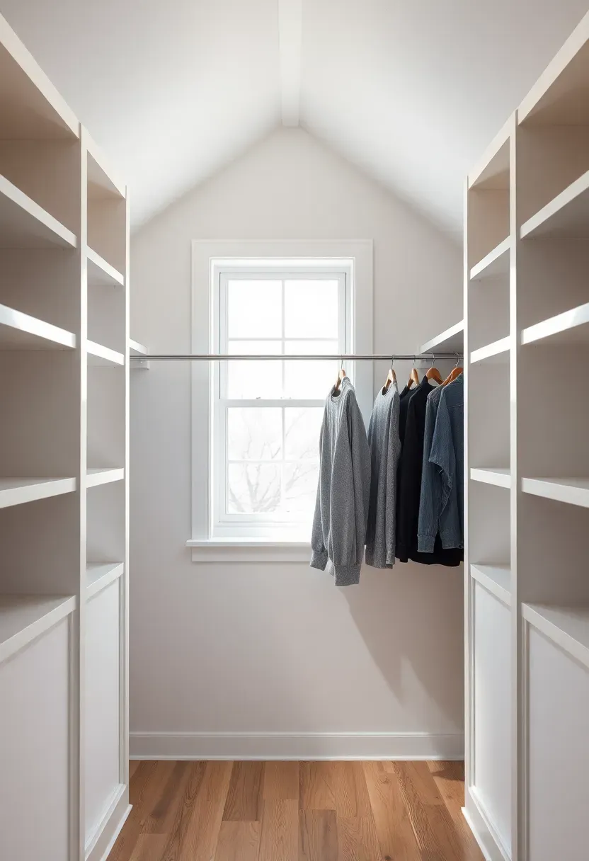 cozy dormer window closet nook with built-in bench, open shelving and hanging space on either side, natural daylight