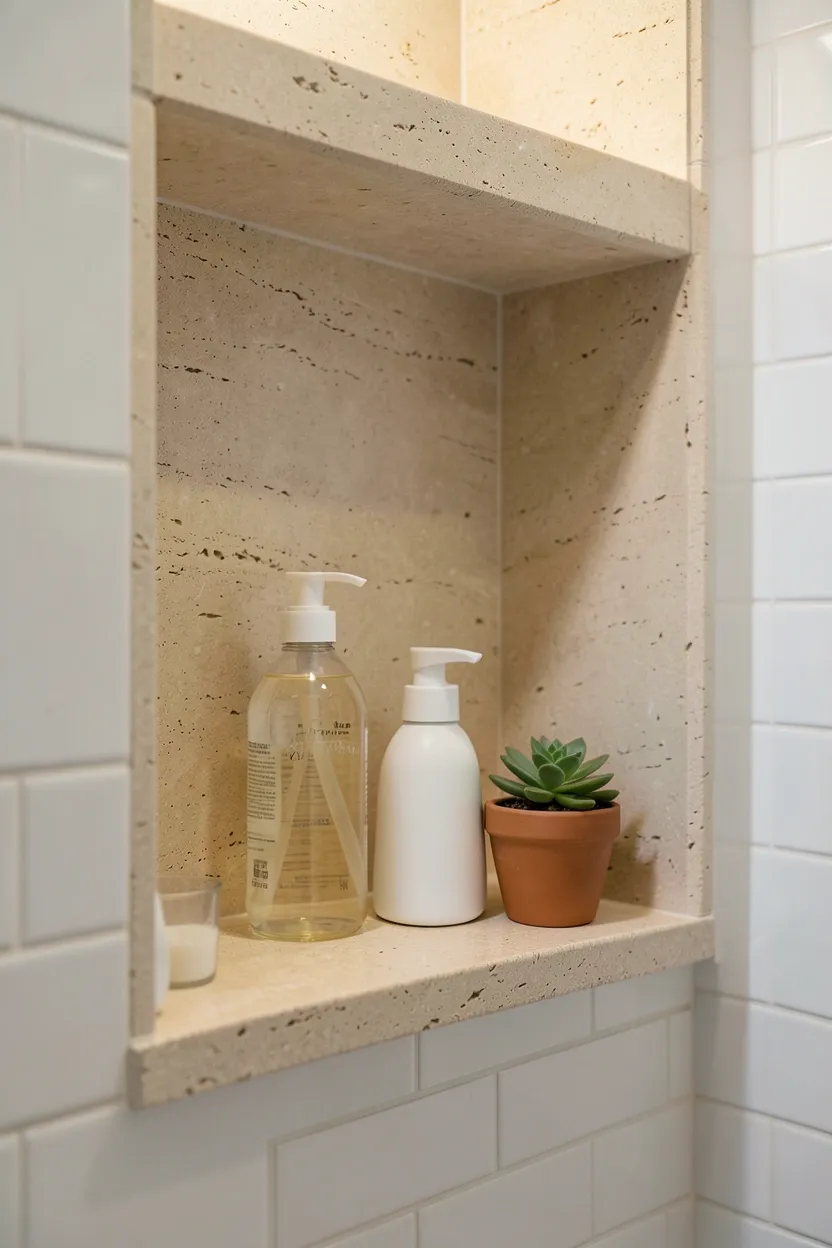 Horizontal shower niche with honed limestone shelf and recessed LED lighting set into white subway tile walls — spa-inspired aesthetic bathroom detail