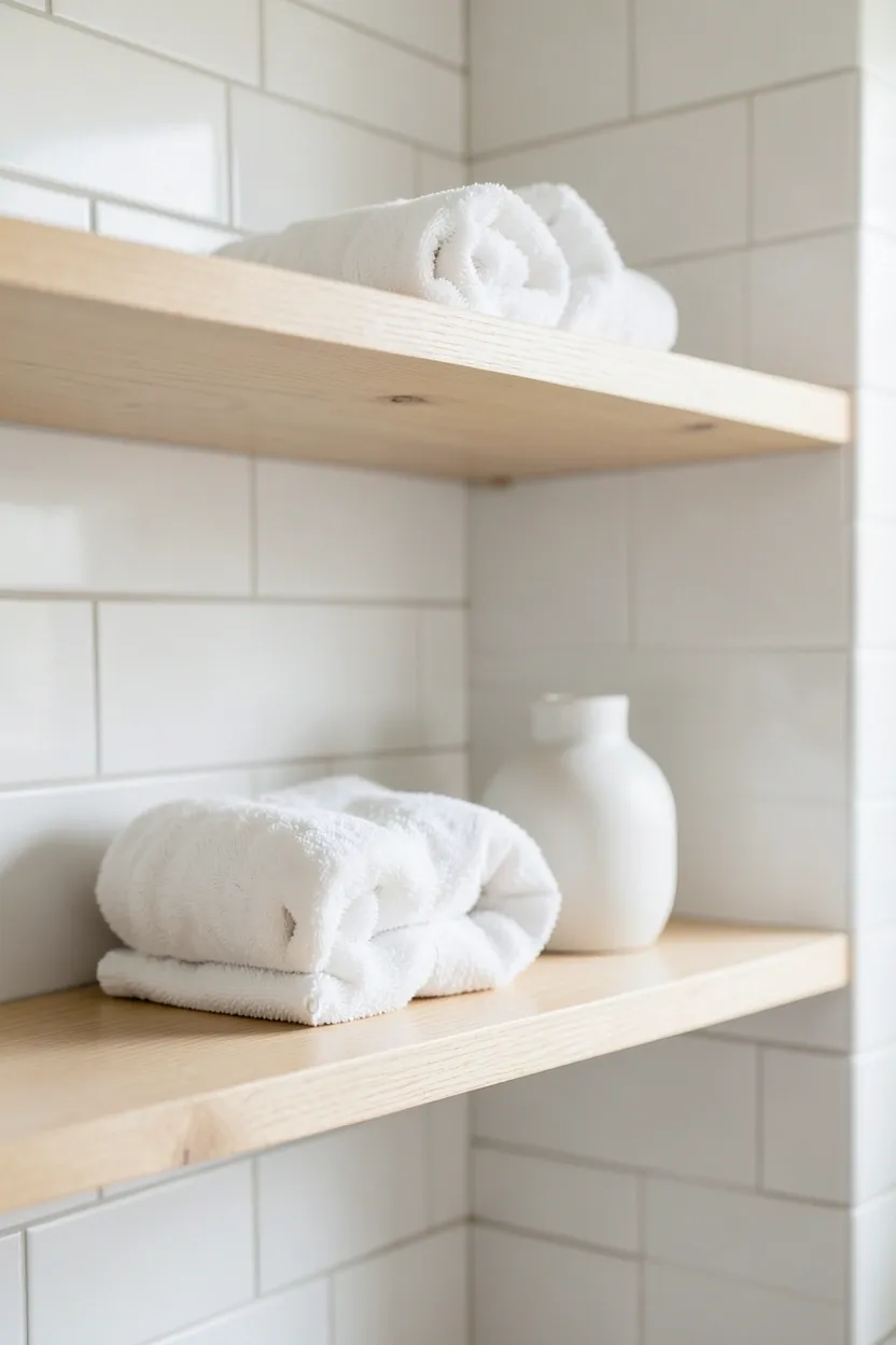 Natural oak floating wall shelves with curated ceramics and a small plant in a japandi bathroom — minimal and warm