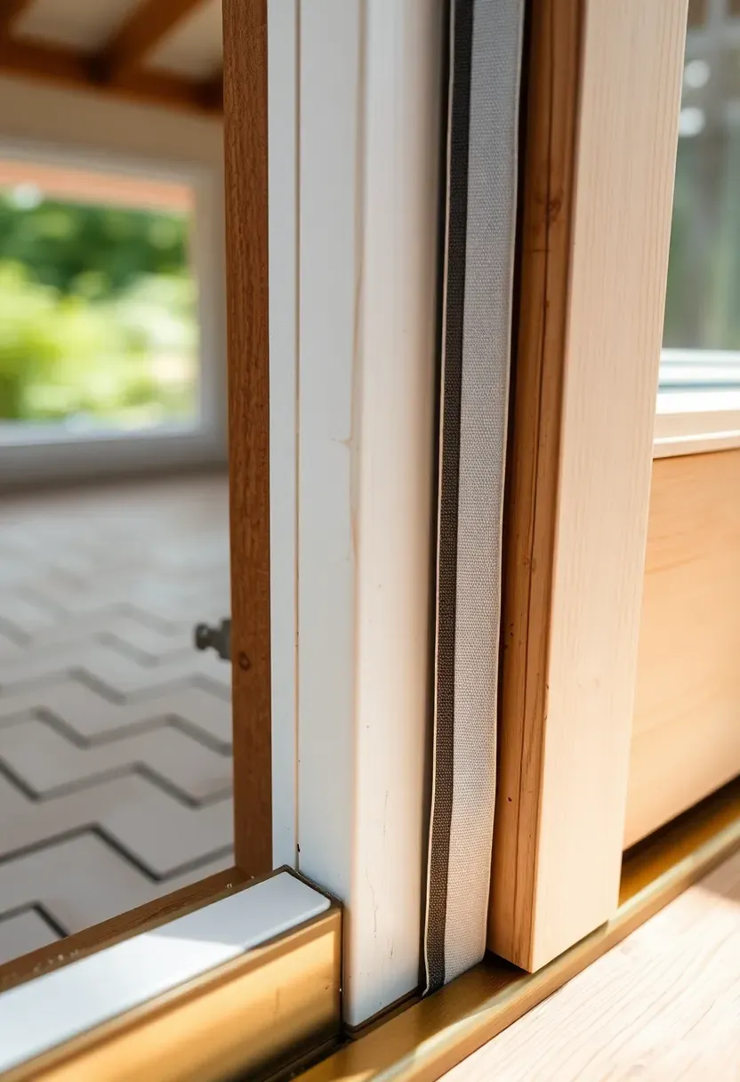 Hyper-realistic close-up view of tiny house door frame showing weatherstripping installation and caulking details. Materials: foam tape weatherstripping, acoustic caulk, wood door frame with white painted finish, bronze threshold. Bright natural light from adjacent window, sharp focus on sealing materials with slight blur to surrounding wall. Professional installation mood with clean lines and precise application. Shallow depth of field, hyper-sharp details on weatherstripping texture and caulk bead, visible door hardware and hinges. No text, no logos, no watermarks.</p>