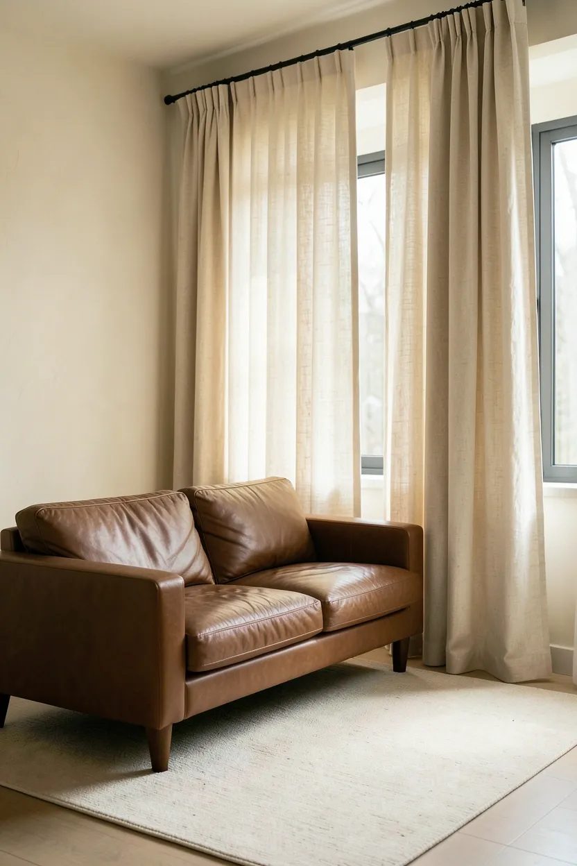 Floor-to-ceiling linen curtains in soft cream framing tall windows beside a brown sofa in a minimalist rental living room