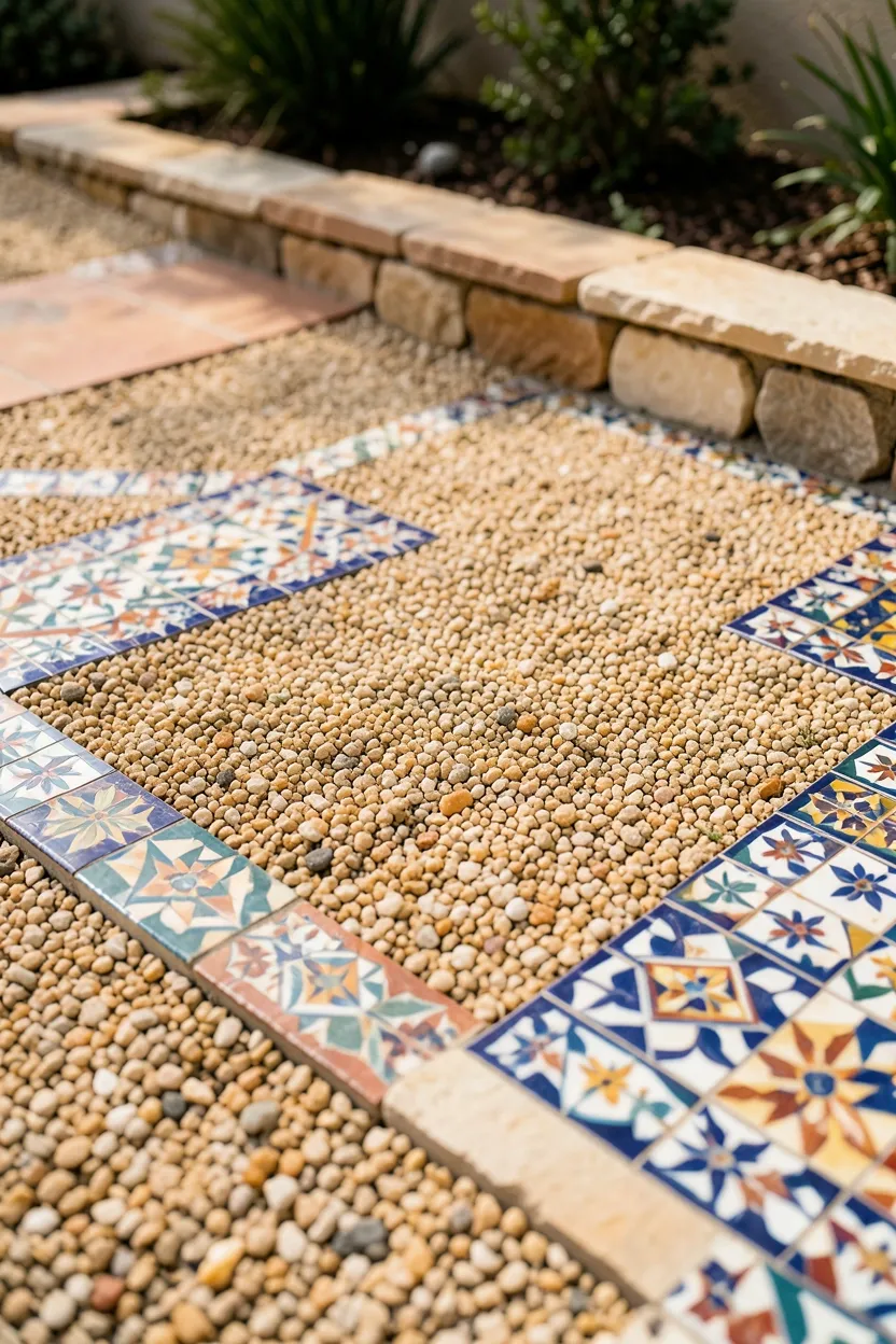 Pea Gravel Patio with Mosaic Accent Tiles