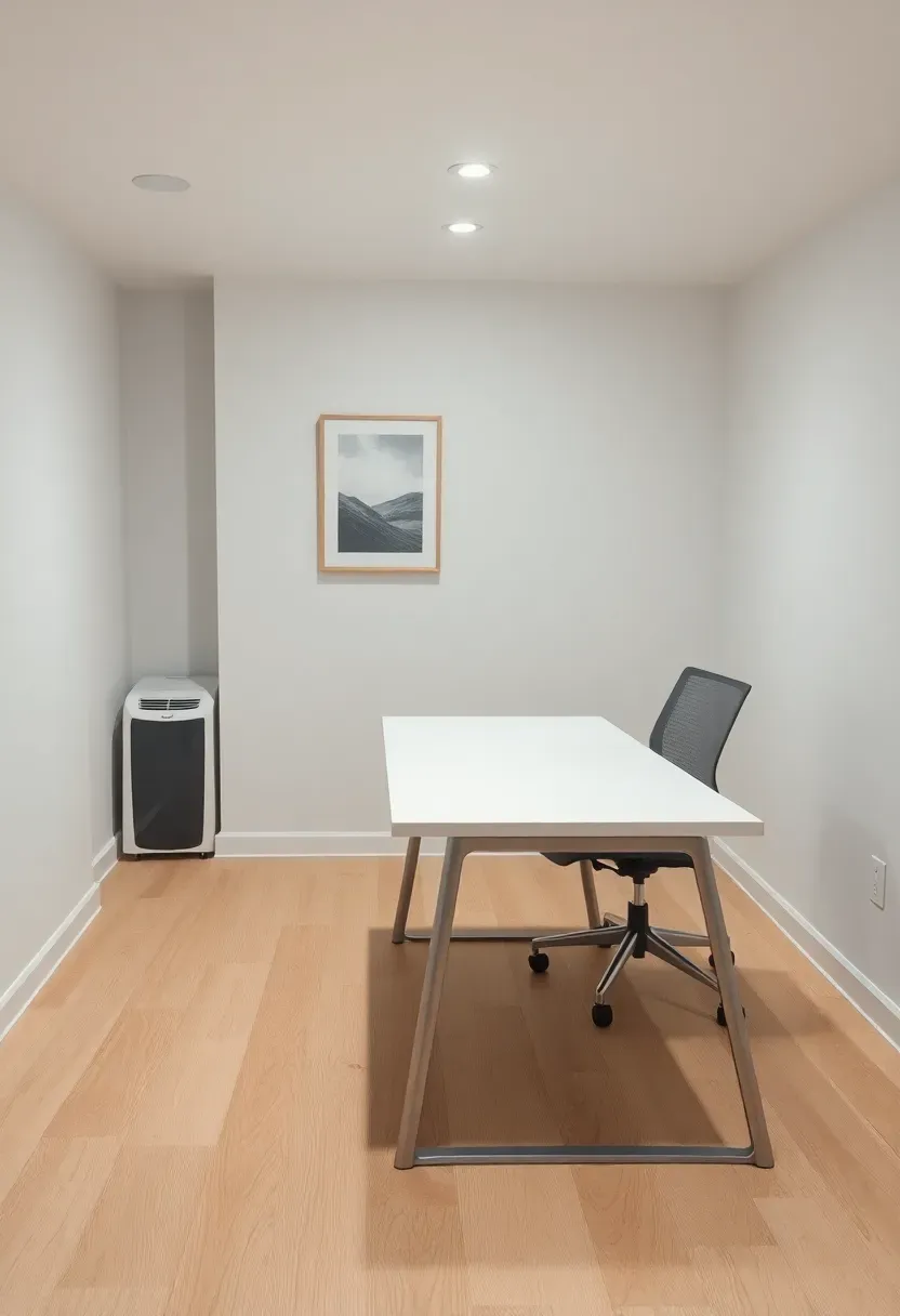 Basement office with light oak luxury vinyl plank flooring, a white desk, dehumidifier tucked in corner, and clean modern decor