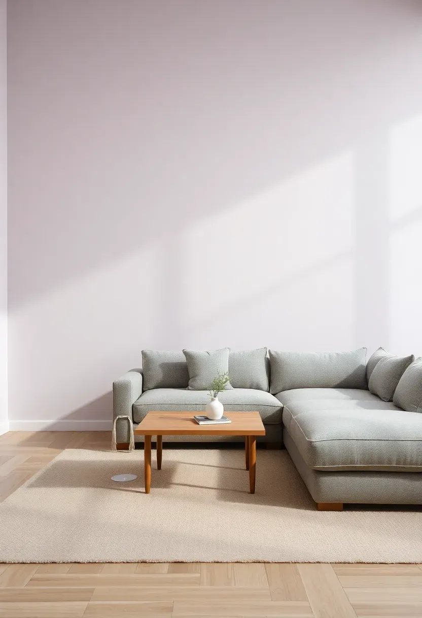 Hyper-realistic wide shot of a minimalist living room with pale lilac walls, warm gray sectional sofa, light oak coffee table, and cream area rug. Materials: matte pale lilac paint with warm gray undertones, warm gray boucle upholstery, light oak wood, cream wool rug. Soft natural daylight with subtle shadows, serene and sophisticated atmosphere. Balanced minimalist composition, sharp details on textures, no clutter, no text, no logos.</p>