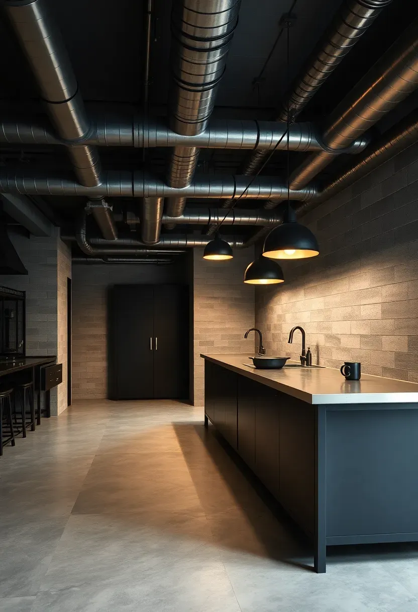 Industrial-style basement kitchen with polished concrete floors, exposed ductwork, stainless steel counters, and matte black pendant lights