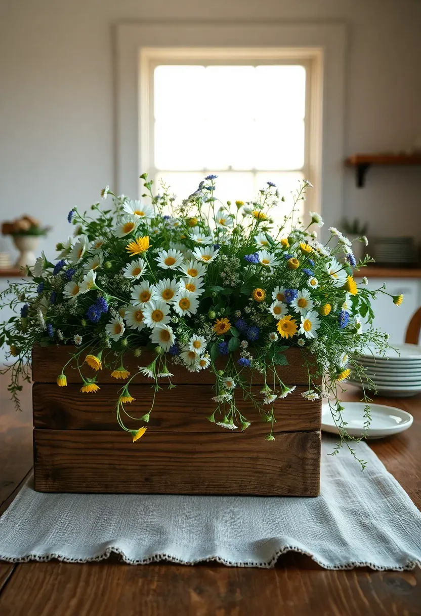 wildflower meadow centerpiece in a rustic wooden box on a farmhouse table