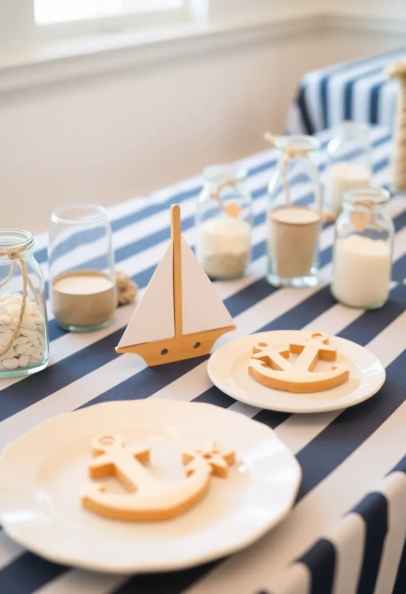 nautical baby shower with sailboat centrepieces anchors and navy blue striped linens