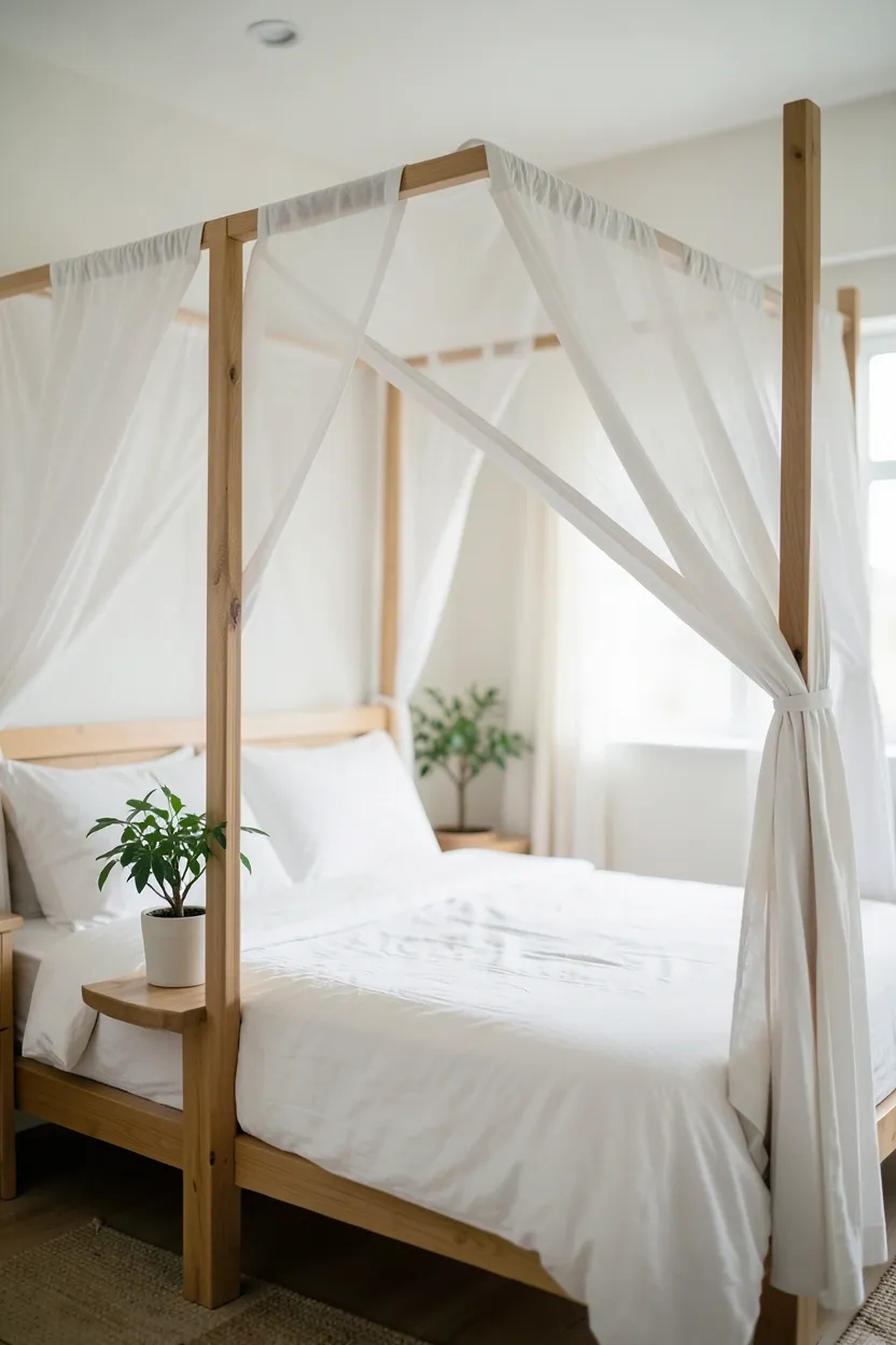 Boho bedroom canopy bed with sheer white gauzy fabric draped from a four-poster frame, layered linen bedding, and warm ambient lighting