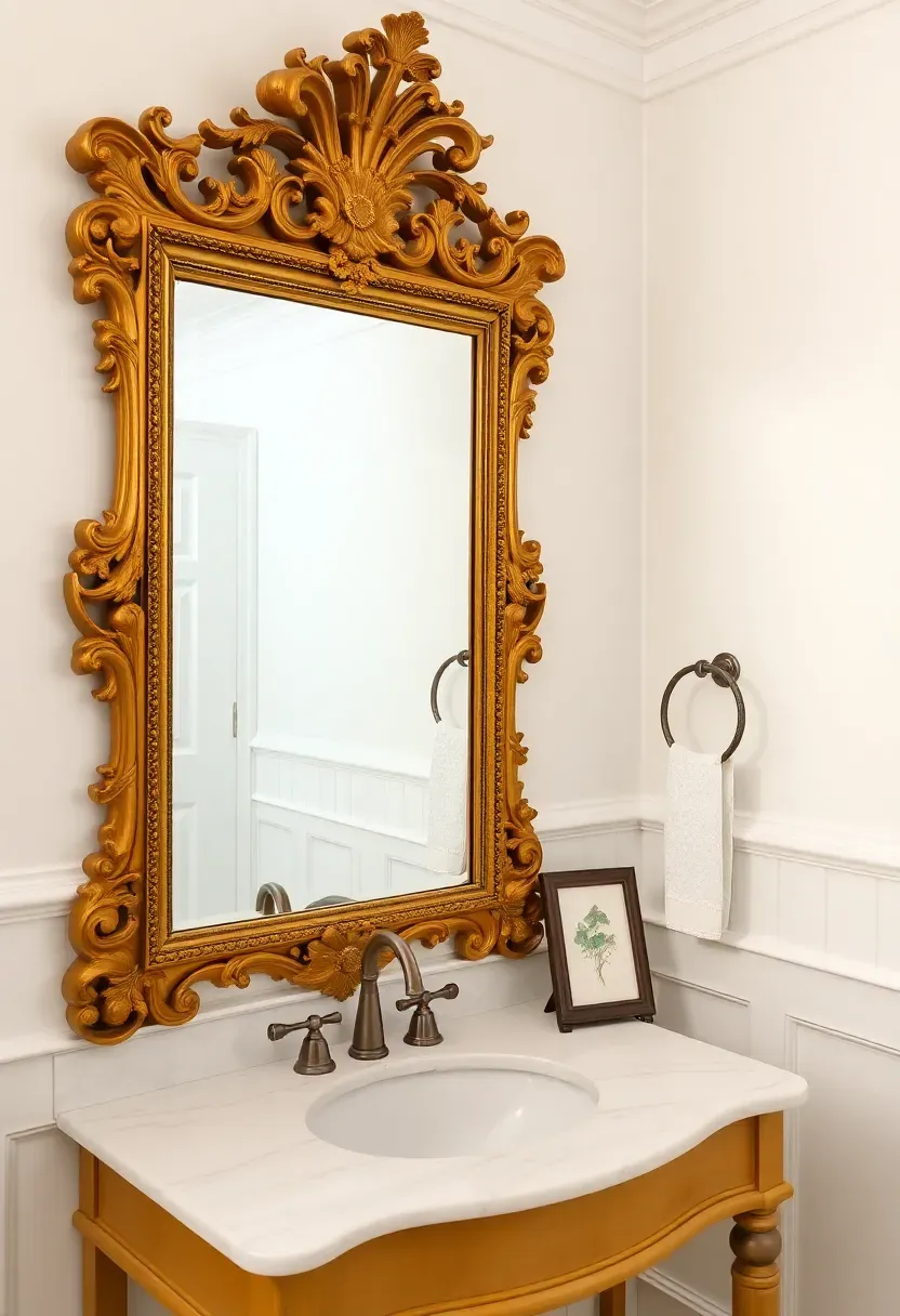 Ornate antique gold gilded baroque-framed mirror hung above a marble vanity with a vintage glass apothecary jar and small framed botanical print