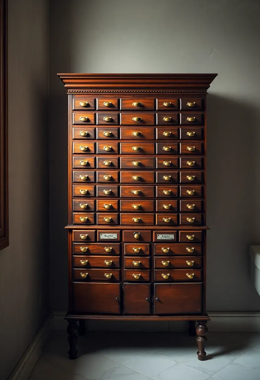 Antique wooden apothecary cabinet with many small labeled drawers placed against a bathroom wall