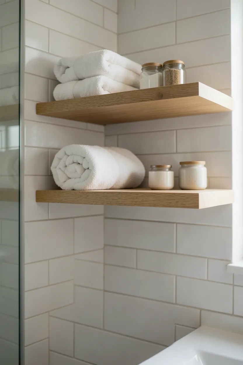 Small floating wooden shelves mounted with adhesive strips above a bathroom toilet, holding plants and rolled towels in an apartment